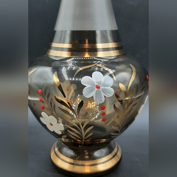 Vintage Smoky Brown Glass Decanter Set 6 Glasses Gold Trim Hand Painted Barware - Picture 5 of 8